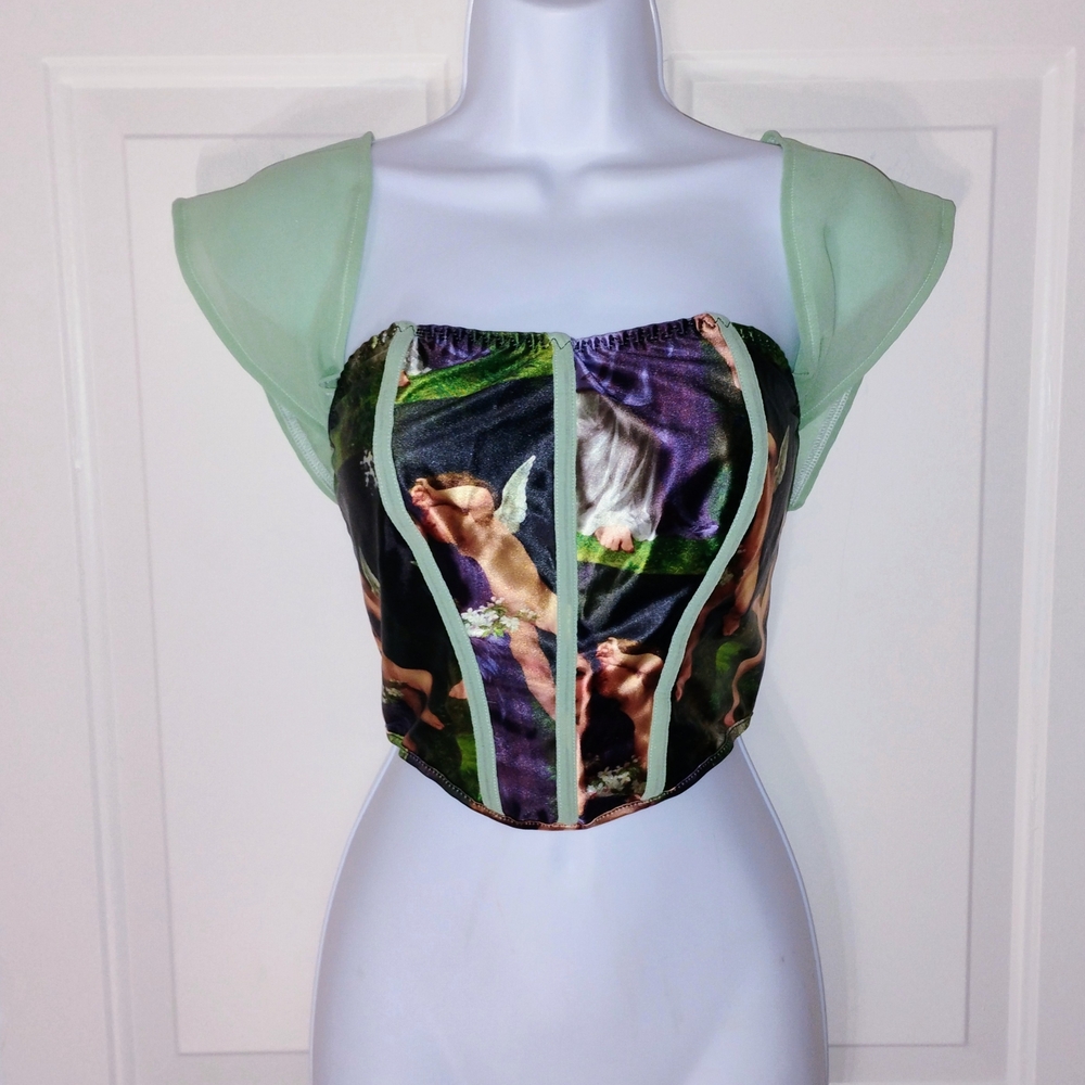 SHEIN Angel Print Corset Top with Sheer Green Sleeves